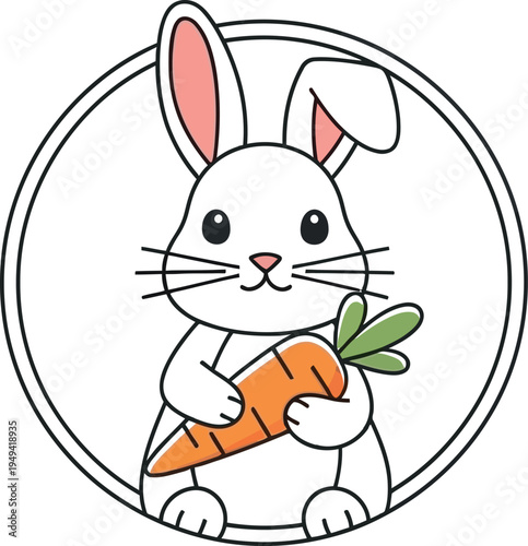 Cute cartoon baby bunny rabbit holding a big fresh orange carrot inside a simple circular frame design