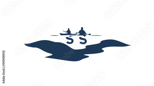 Silhouetted illustration of two people kayaking on water, with a stylized landmass below