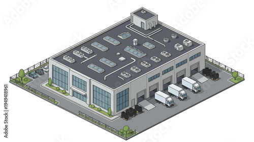Isometric industrial warehouse building with loading docks and trucks for logistics and distribution services