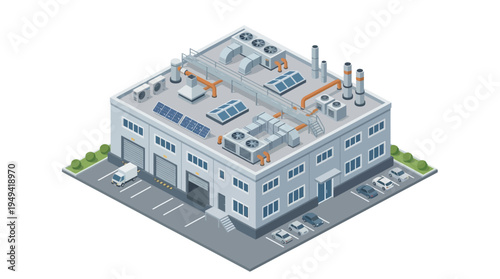 Isometric view of a modern industrial factory building with solar panels and parking lot, showcasing sustainable energy and operational infrastructure