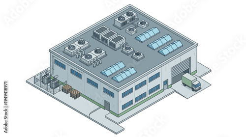 Modern Industrial Warehouse Building with Loading Dock and Delivery Truck in Isometric View