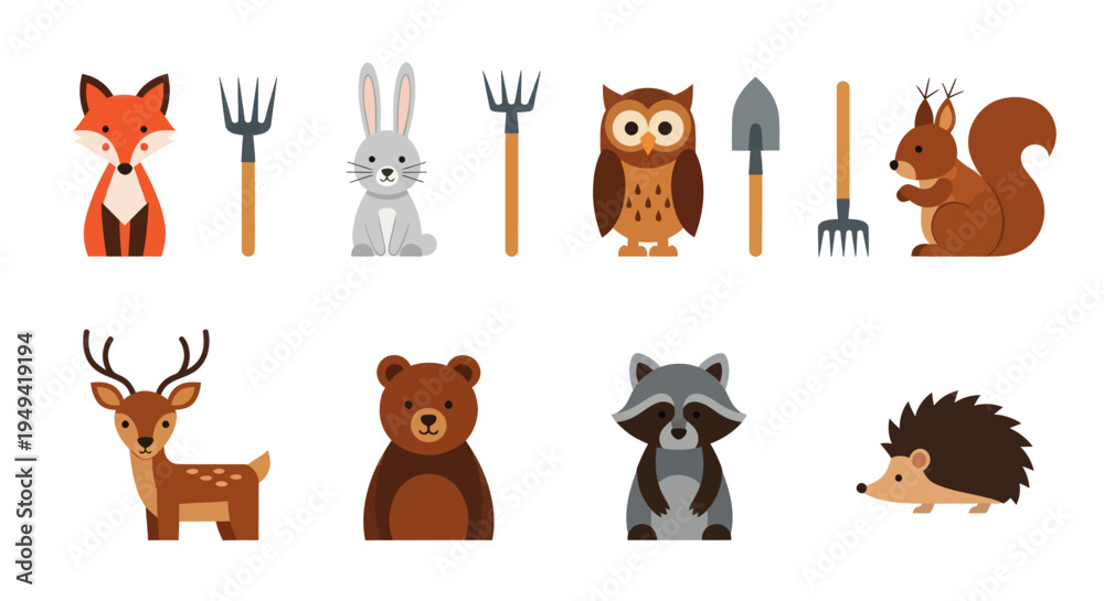 Fototapeta premium Forest animals and tools vector illustration