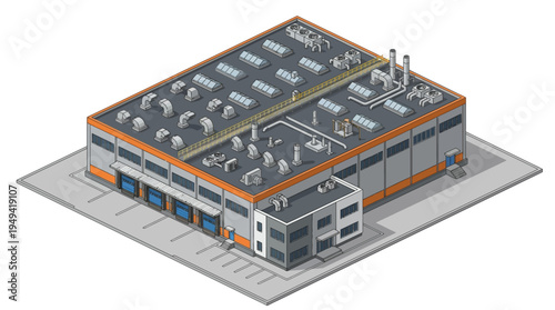 Isometric illustration of a modern industrial warehouse building with loading docks and rooftop equipment