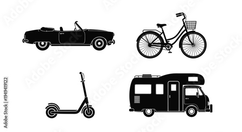 Transportation Vehicles Black Silhouette Icons Set Isolated on White Background
