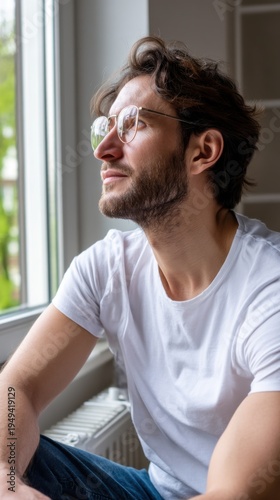 Free Download Thoughtful man in eyeglasses gazing out of bright window, casual home outfit, concept of creativity, contemplation, and personal growth  - GFXLoad
