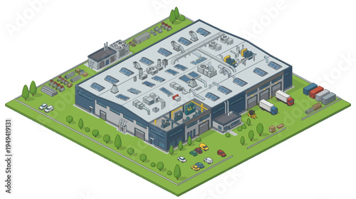 Isometric view of a modern industrial warehouse facility with loading docks, vehicles, and surrounding green space