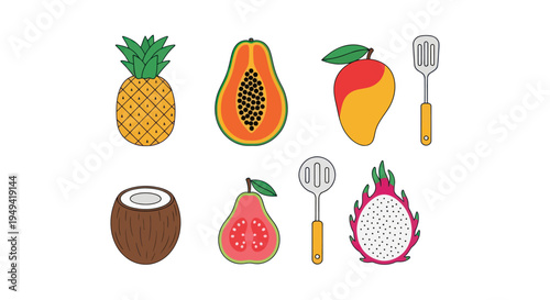 Colorful tropical fruits and utensils illustration