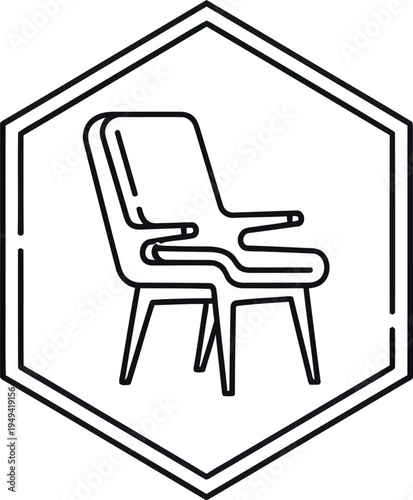 Minimalist line art icon of a modern armchair enclosed within a clean geometric hexagonal frame design element