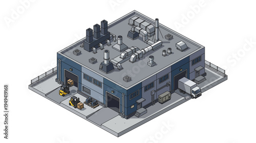 Isometric illustration of an industrial warehouse with loading docks and a forklift