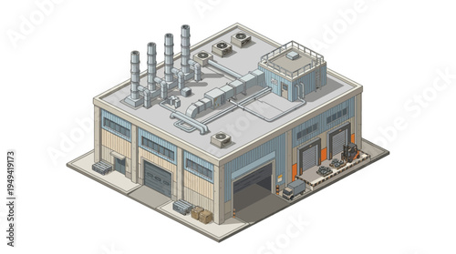 Isometric illustration of a modern industrial building with loading docks and ventilation systems