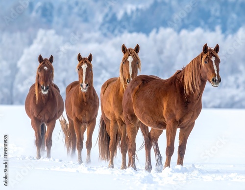 Four horses in a snowy landscape