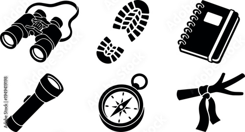 Black silhouette camping icons set binoculars flashlight compass footsteps notebook and tied branch outdoor adventure equipment