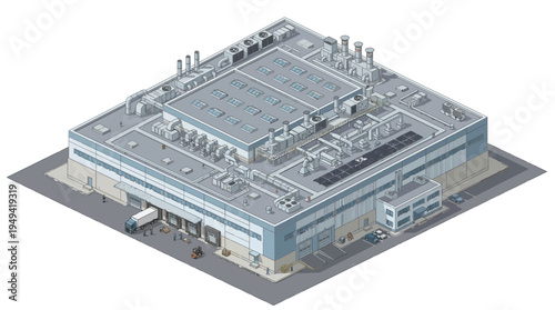Modern industrial building with loading dock and surrounding facilities, an isometric illustration