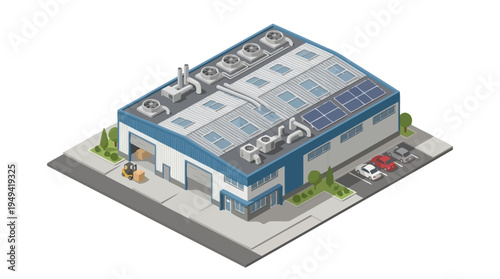 Isometric view of a modern industrial warehouse with solar panels, loading dock, and parking area, showcasing efficient building design and sustainable energy