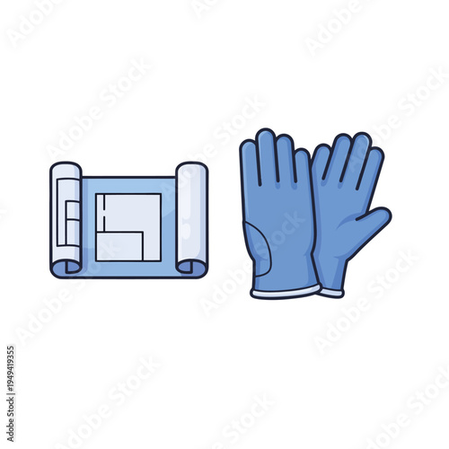 Blueprint and protective gloves for construction or DIY projects isolated on white background