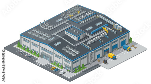 Isometric view of a large industrial warehouse building with loading docks and delivery trucks, representing logistics and manufacturing operations