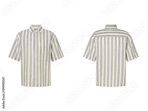 Light Gray and White Striped Short Sleeve Button Up Shirt Front and Back View