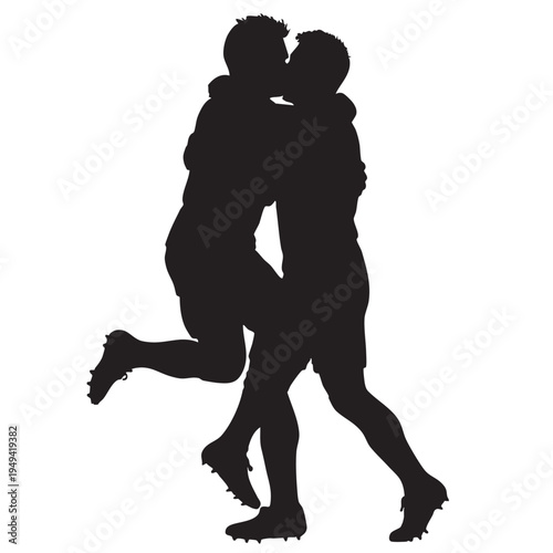 Soccer teammates hugging goal celebration silhouette vector illustration