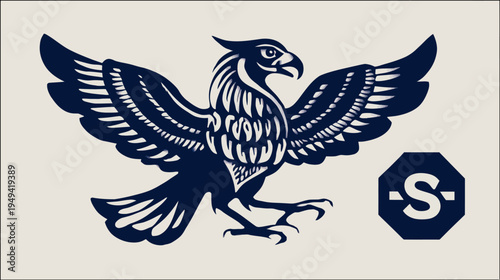 A stylized bird with outstretched wings and a symbol of a letter in a unique shape