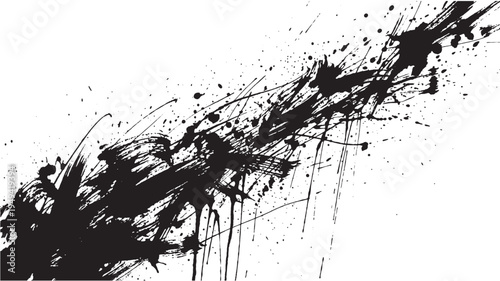 Black ink splatter brush stroke sweeps dynamically across a white background creating an abstract horizontal design element.