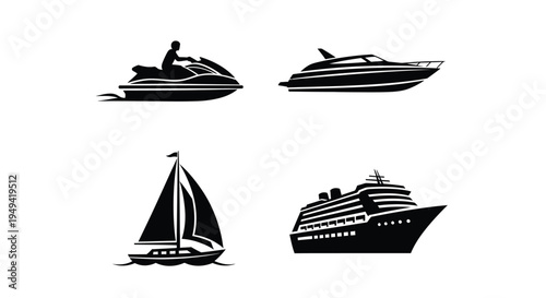 Jet Ski, Yacht, Sailboat and Cruise Ship Silhouettes Icons Set Isolated on White