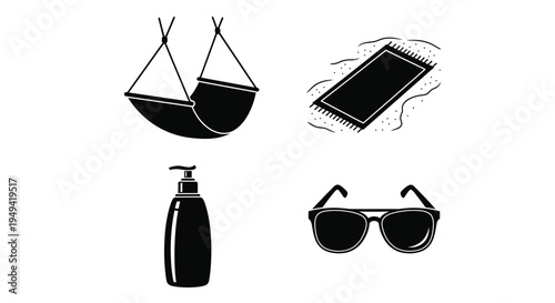 Summer Vacation Beach Accessories Black and White Icons Set Isolated on White