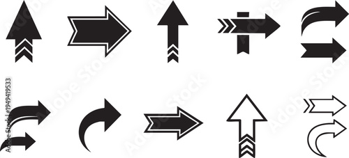 A collection of various black and white arrow icons in different shapes and directions for navigation and design purposes