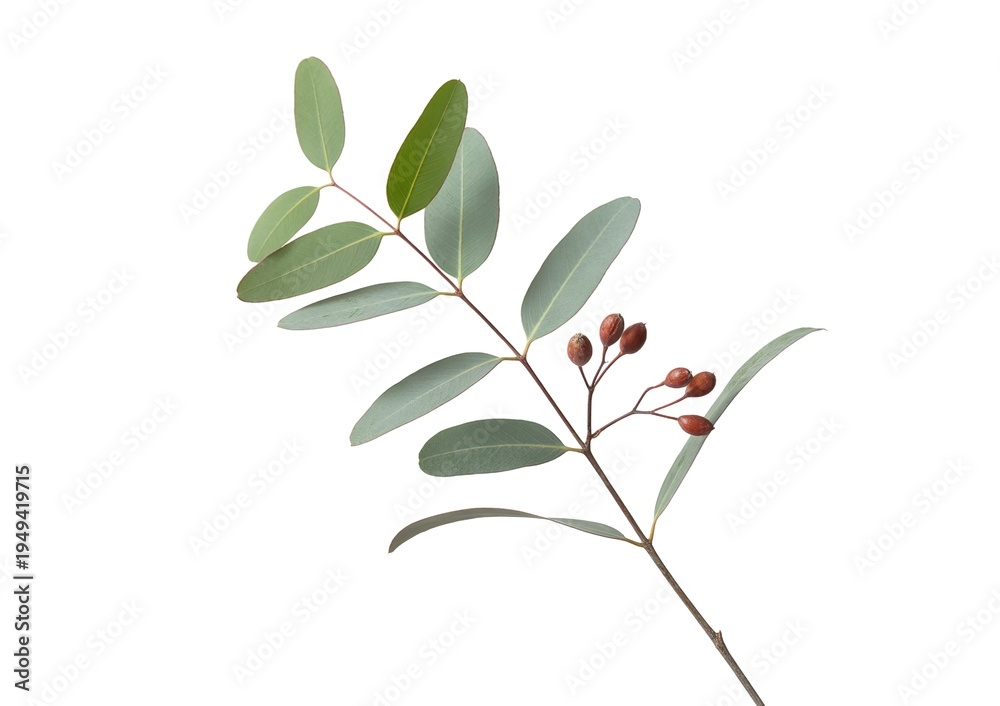 Obraz premium Eucalyptus branch with green leaves and small brown berries on white background image
