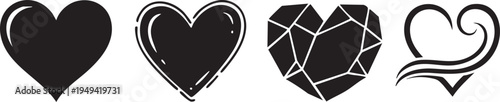 Collection of four distinctive black heart shapes with unique designs