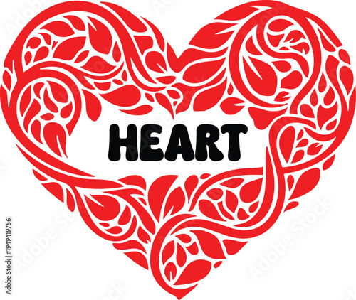 A vibrant red heart with intricate floral patterns and the word heart in bold black letters on a crisp white background illustration