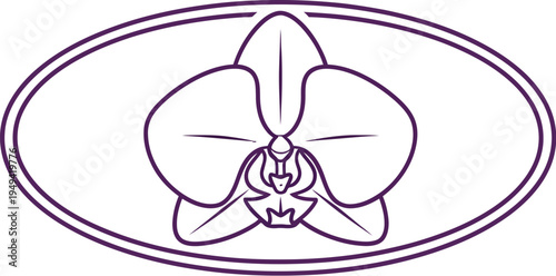 Elegant line art icon depicting a detailed orchid flower enclosed within a stylized double oval border design element