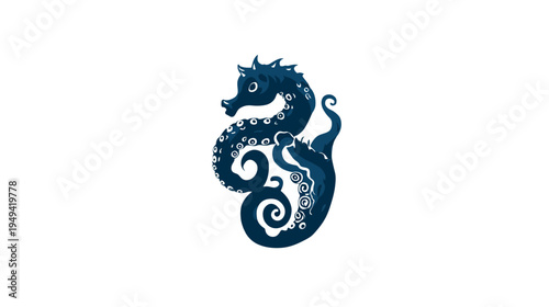 A stylized sea creature illustration, a seahorse hybrid with tentacles, in deep blue, on white