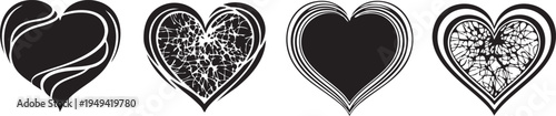 Collection of four unique black and white heart shaped designs with intricate patterns