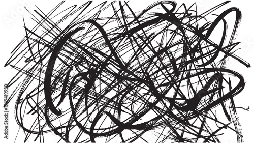 Abstract black chaotic scribble lines vector illustration, hand-drawn brush stroke texture for distressed grunge background, overlay, or design element