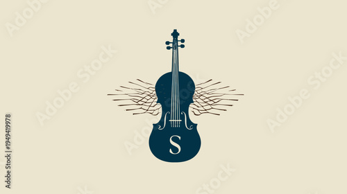 A dark blue violin shape with brown branches forming wings, the letter 'S' centered on light backdrop