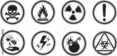 Collection of hazard warning symbols for dangerous materials and situations