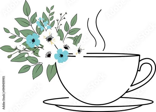 Minimalist illustration featuring a steaming white teacup overflowing with colorful spring flowers against a light background design