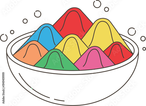 Colorful mounds of vibrant powdered pigments are neatly arranged inside a simple white bowl symbolizing festival preparation