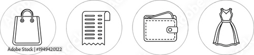 Outline icons depicting essential shopping elements like a bag receipt wallet and dress symbolize retail commerce and purchase concepts