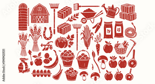 Vintage Farm and Agriculture Icons Collection with Barn, Doodle Illustration Of Various Farm Fresh Food Items Including Vegetables, Tractors, And A Barn For Use In Menus Or Marketing.