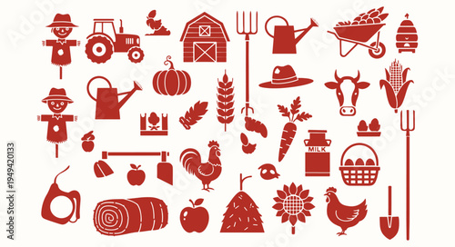 Rustic Agriculture and Farm Life Icon Set Featuring Barn, Tractor, Animals, Crops and Gardening Tools Vector Collection