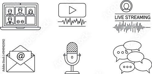 Collection of minimal line icons representing digital communication elements like video conferencing audio recording and live streaming