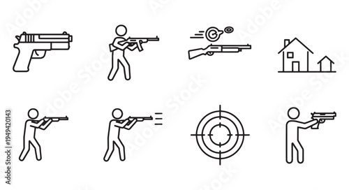 Shooting Practice and Firearms Training Outline Icons with Pistol, Rifle, Shooter and Target Vector Set