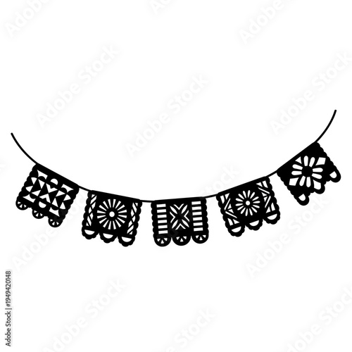Delicate black lace-style paper banner garland with intricate cutout motifs for festive celebration decor.