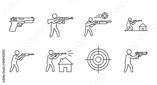 Shooting Practice and Firearms Training Outline Icons with Pistol, Rifle, Shooter and Target Vector Set