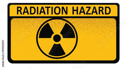 Radiation hazard warning sign with black and yellow caution symbol