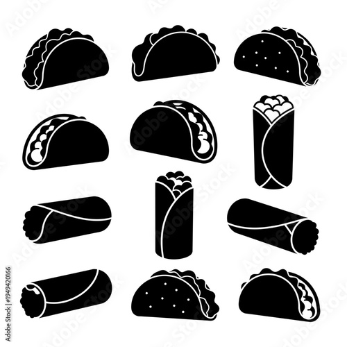 Assorted Mexican Tacos, Burritos, and Wraps Silhouettes in Silhouette Collection.