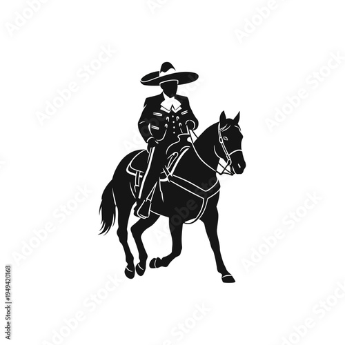 Silhouette of a Western cowboy riding a horse with a bridle and saddle in an open rural landscape.