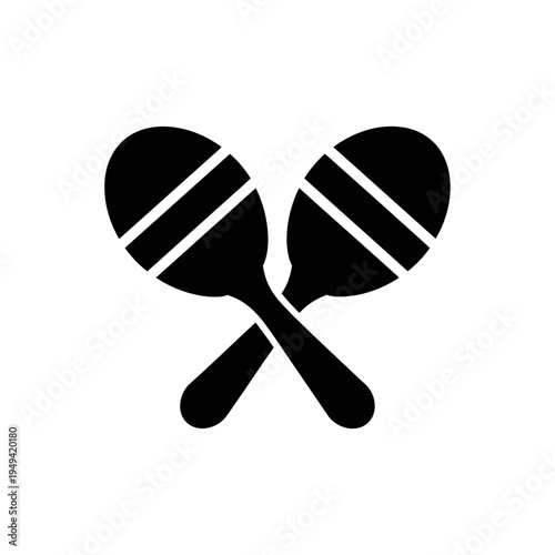 Two black maracas crossed together as percussion instruments for rhythm, music, and dance.