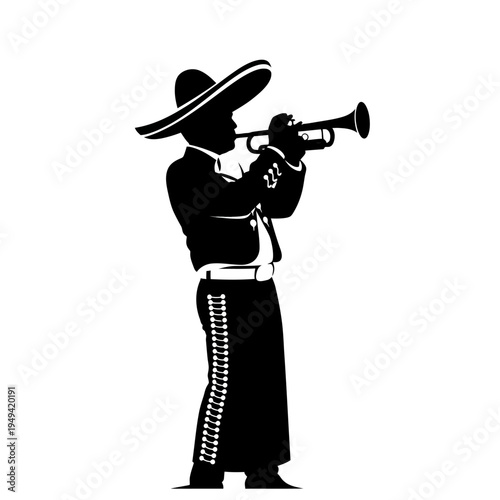 Silhouette of a person wearing a hat playing a trumpet in a dark scene.
